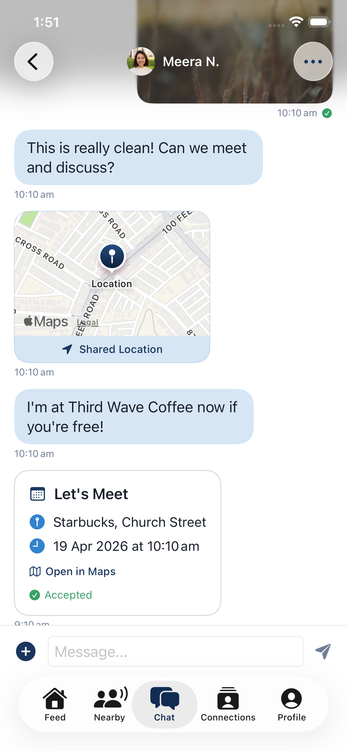 Chat with shared location and meetings